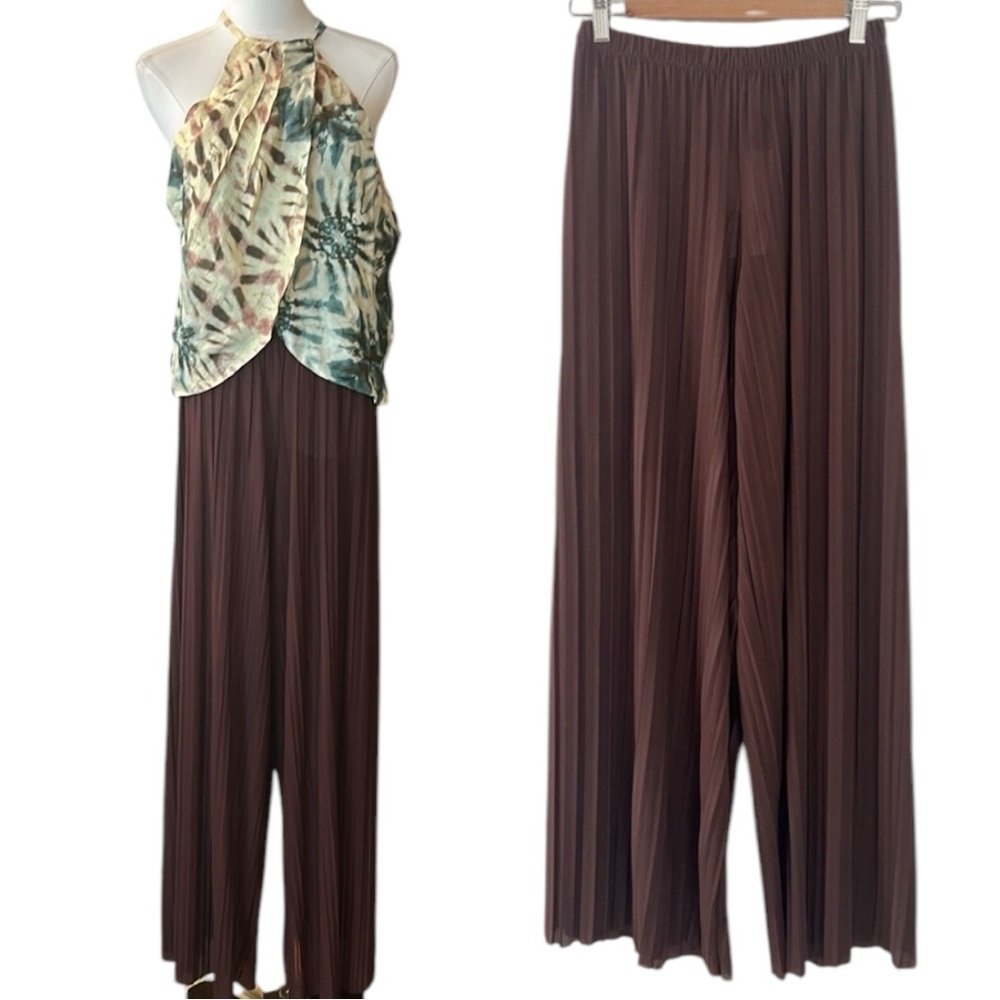 ZARA Brown Pleated Elastic Waist Hi-Rise Wide-Leg Pants Size Large